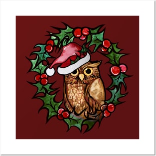 Christmas Owl With Cute Santa Hat and Wreath Posters and Art